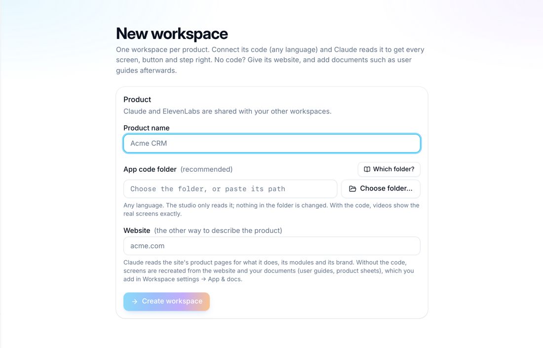DemoVexa New workspace screen where a product is added by its code folder and website