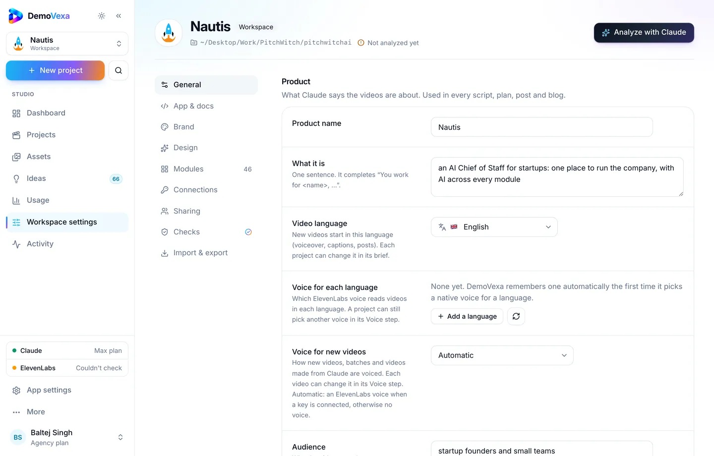 General workspace settings including CTA and defaults