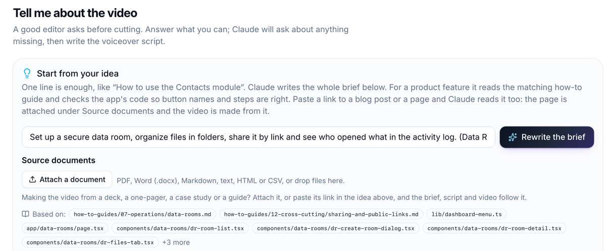 The Brief step in DemoVexa, where a one-line idea becomes a brief checked against the app code, for a sample product