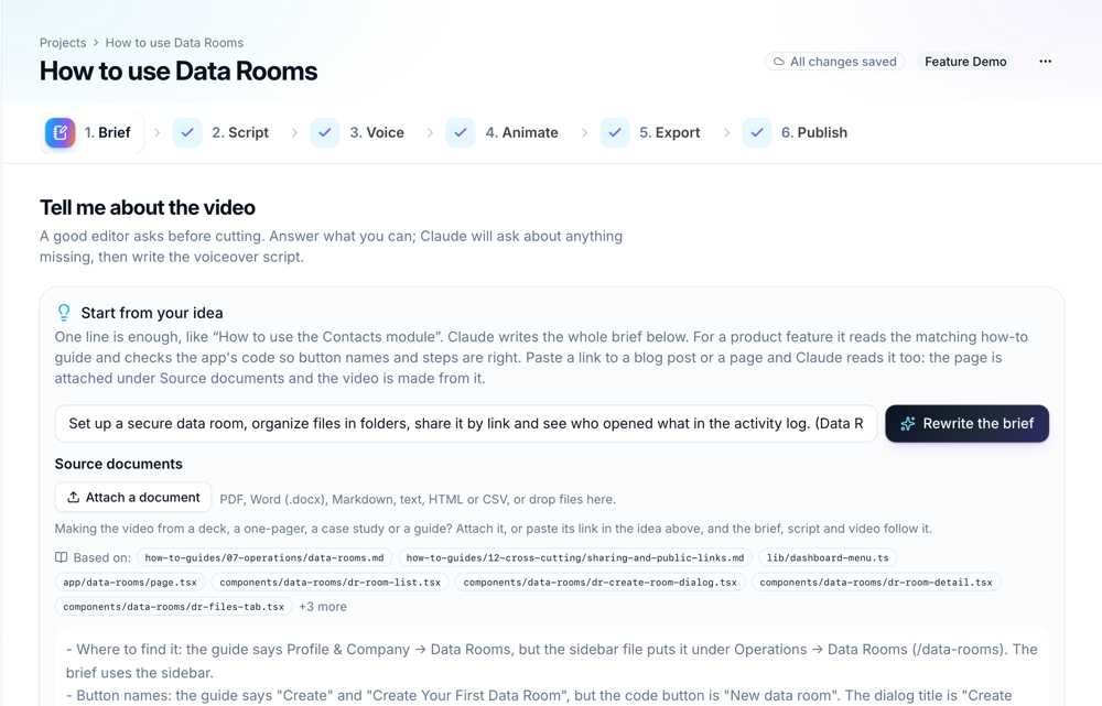 DemoVexa Brief step with a one-line idea and source documents for a sample product