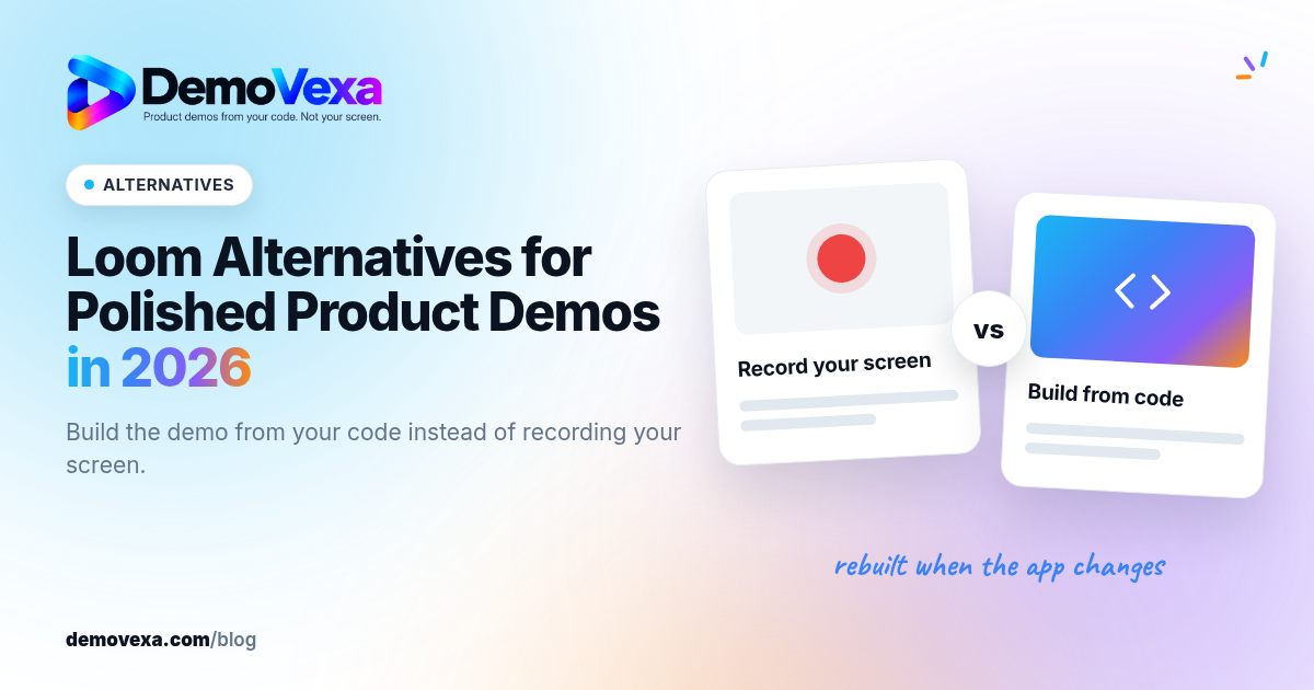 DemoVexa blog cover for "Loom Alternatives for Polished Product Demos in 2026", with an ALTERNATIVES label. On the right, a generic record your screen card next to a build from code card, joined by "vs".