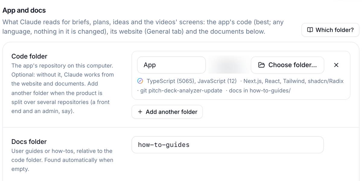 The App and docs tab in DemoVexa, showing a detected Next.js, React and Tailwind stack for a sample product