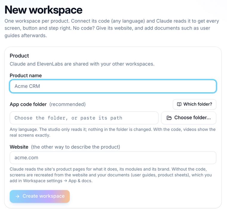 The New workspace screen in DemoVexa, with fields for product name, app code folder and website