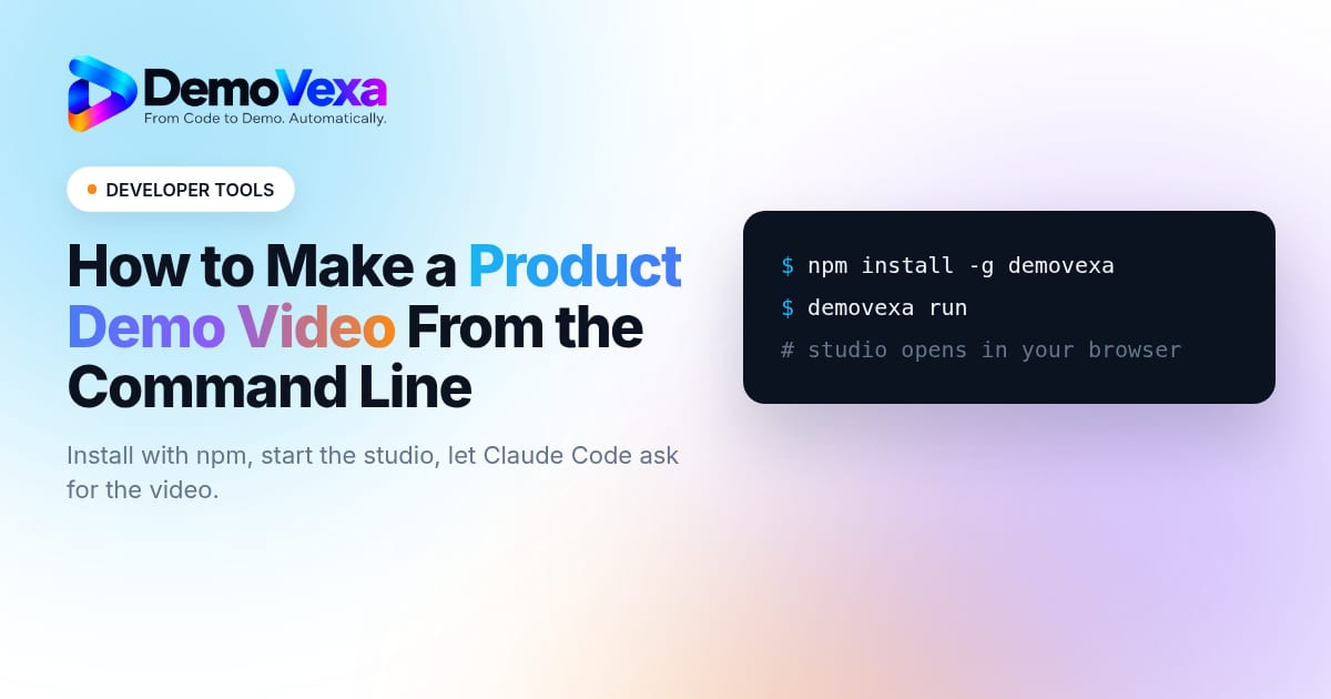 Terminal running npm install -g demovexa and demovexa run next to the headline How to Make a Product Demo Video From the Command Line