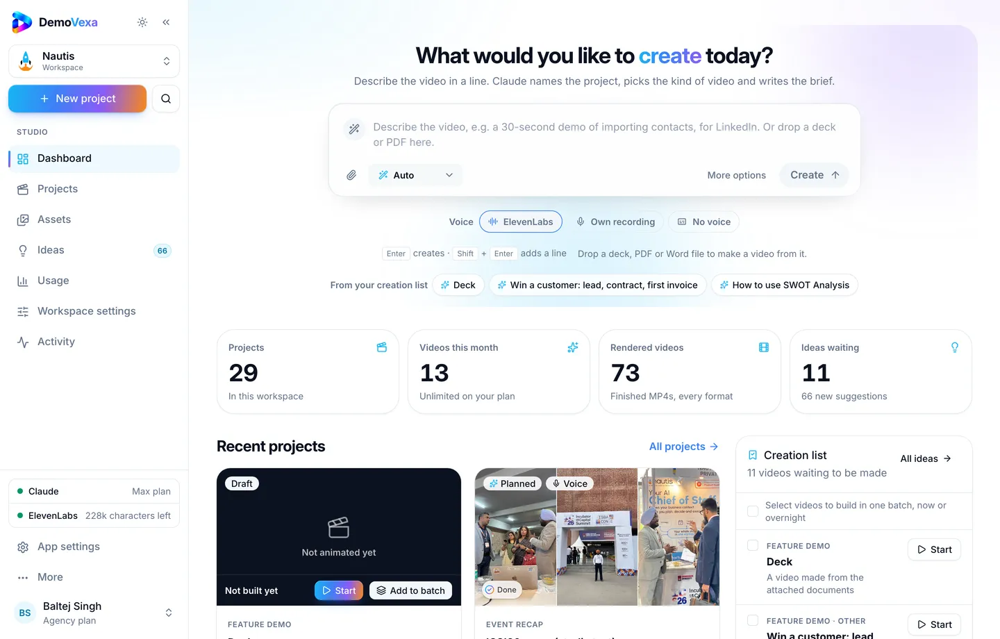 DemoVexa dashboard home with the create box and recent projects for a sample product workspace