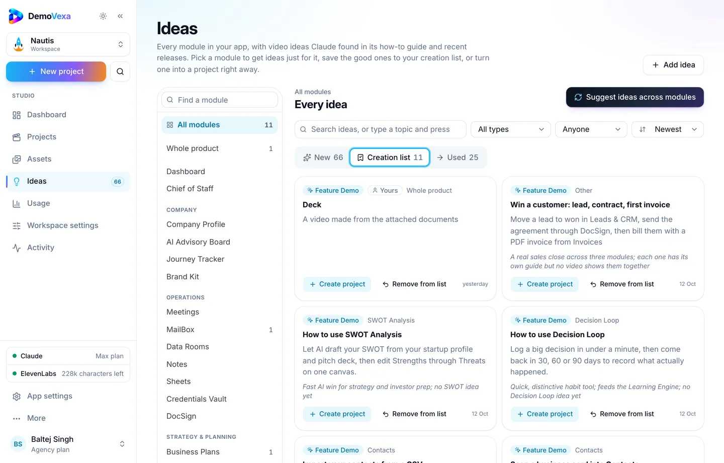 Ideas creation list with videos queued to be made for a sample product