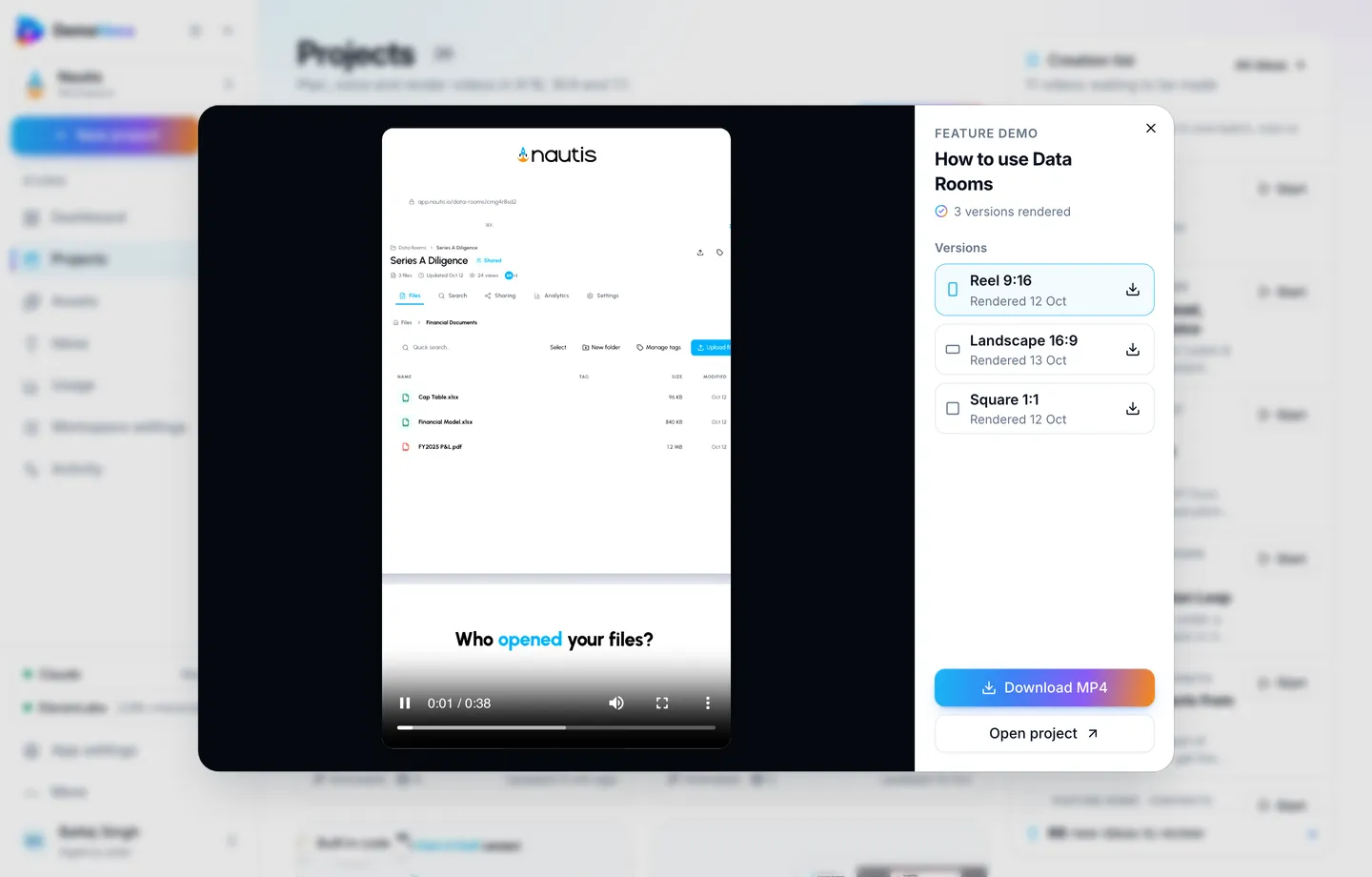 Video player dialog playing a finished demo from the Projects page