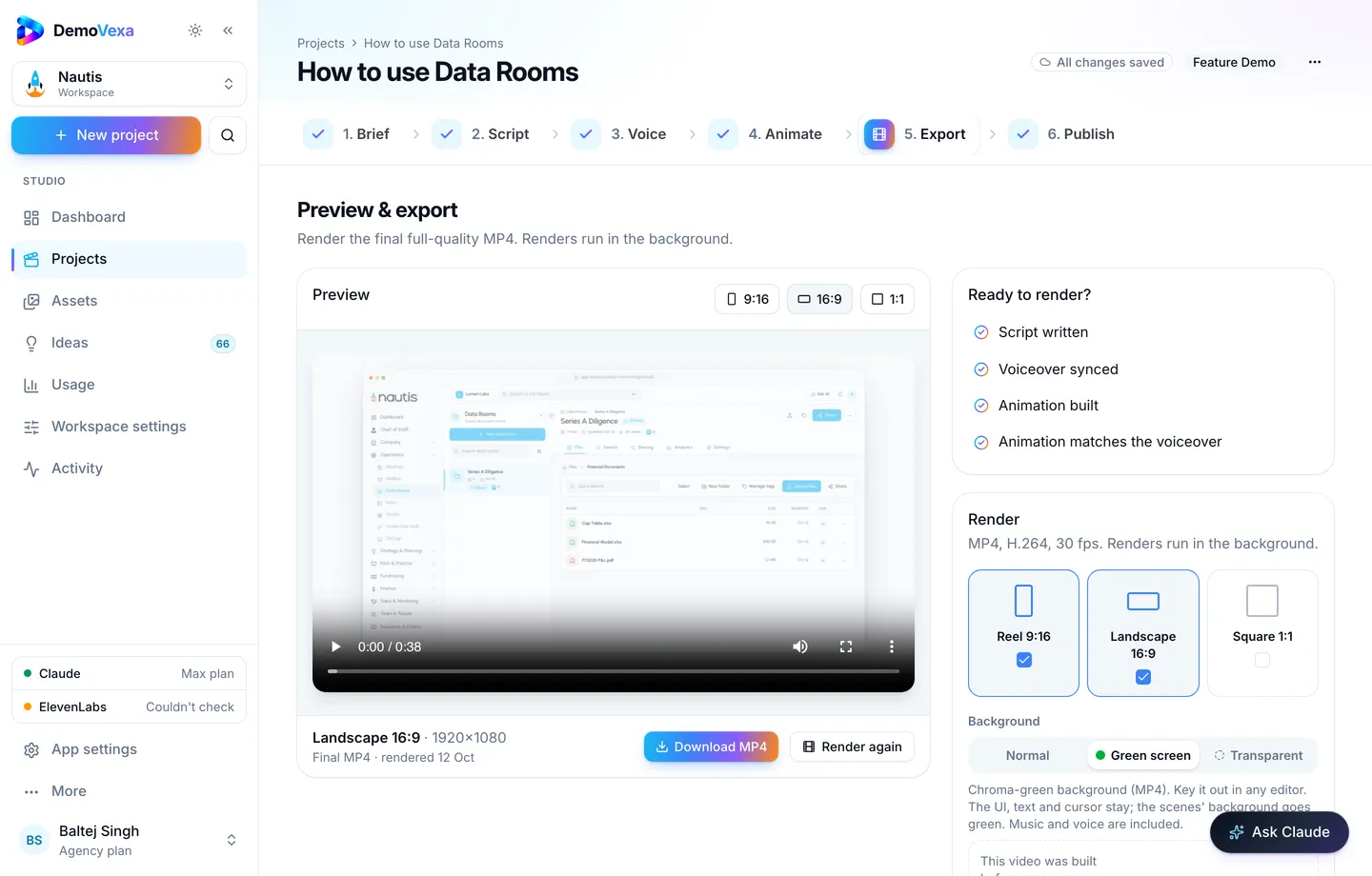 Export step with formats and downloads for a shareable MP4