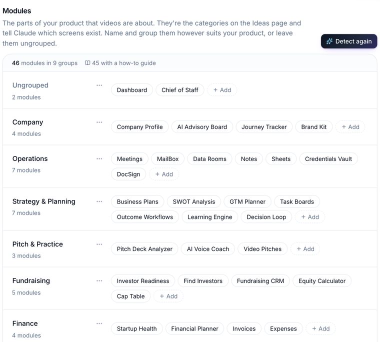 DemoVexa workspace settings listing the modules of a sample product, detected from its code