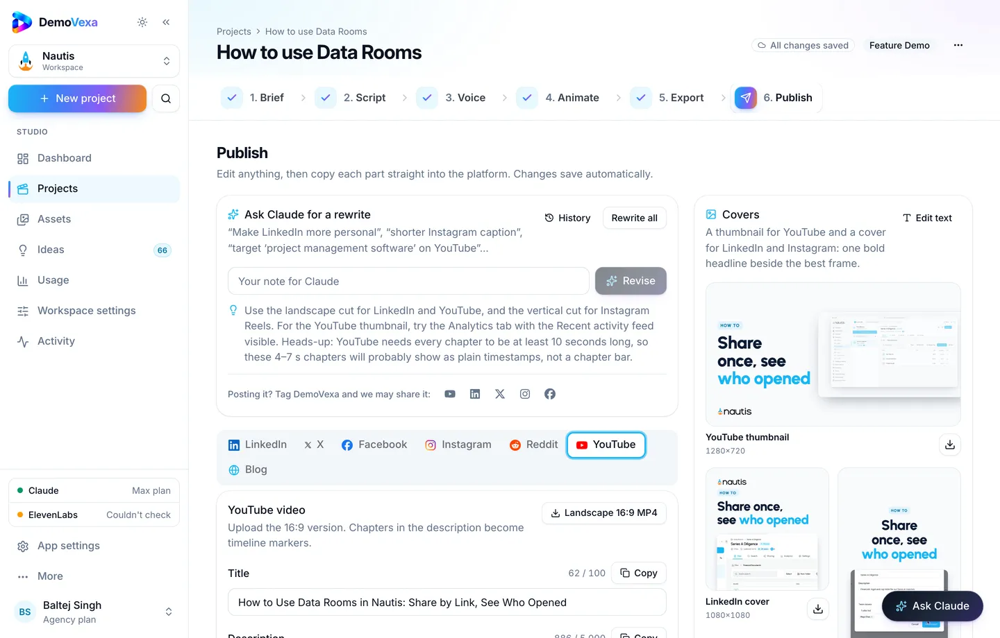 YouTube tab in Publish with title and description fields ready to copy
