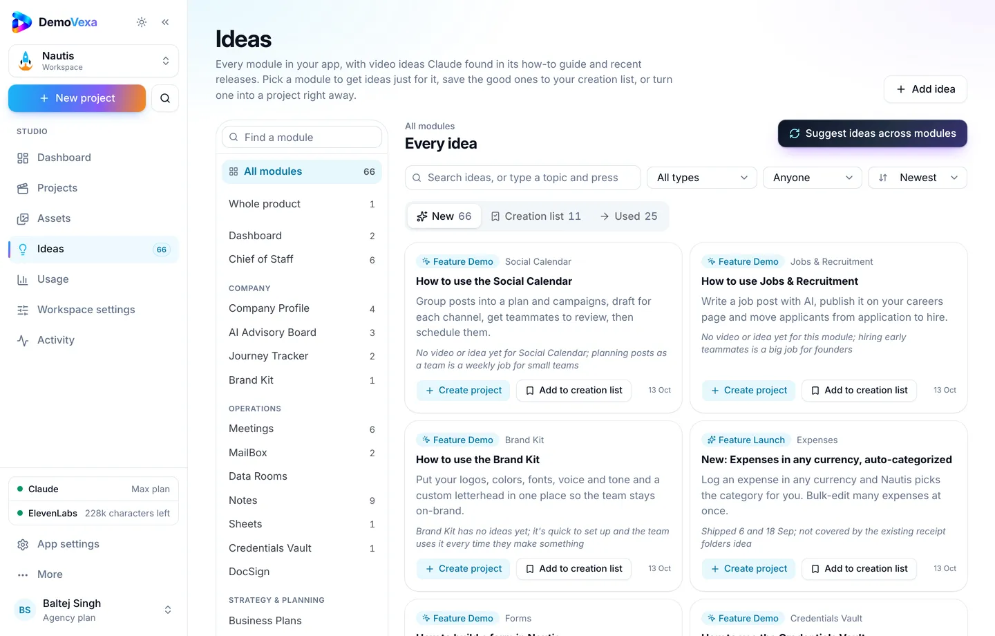 DemoVexa Ideas page listing suggested Feature Demo topics per module for a sample product workspace