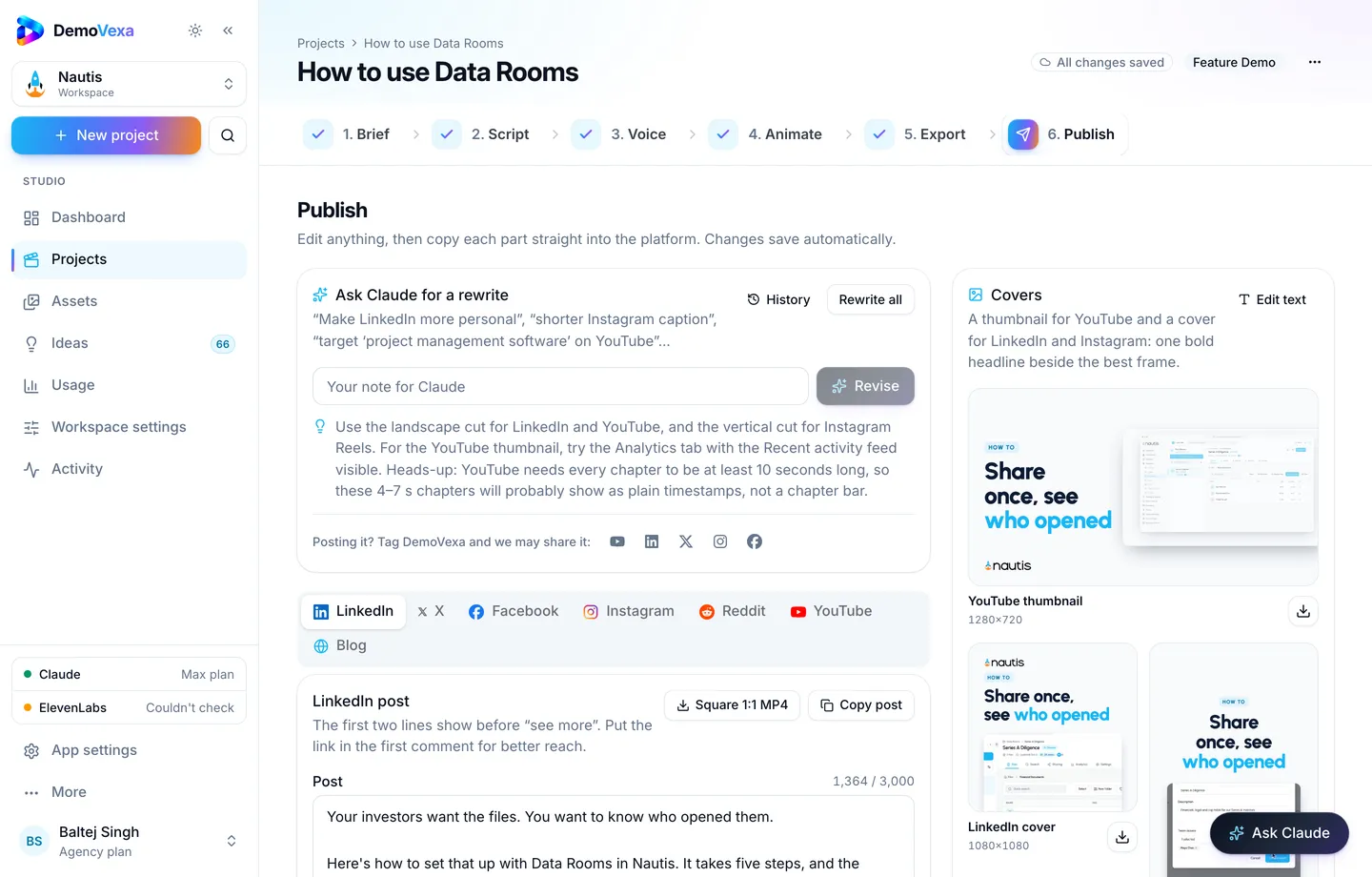 DemoVexa Publish step with social tabs, blog fields and marketing kit options after a how-to is rendered