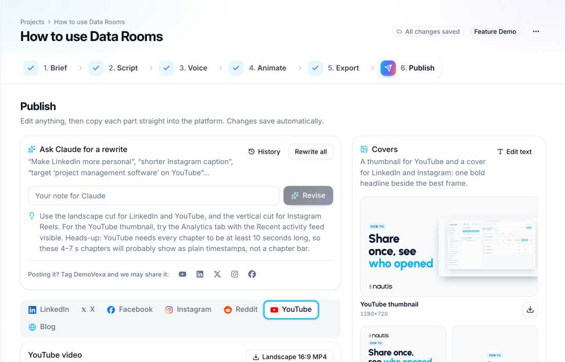 DemoVexa Publish step with YouTube title, description and thumbnail for a sample product video