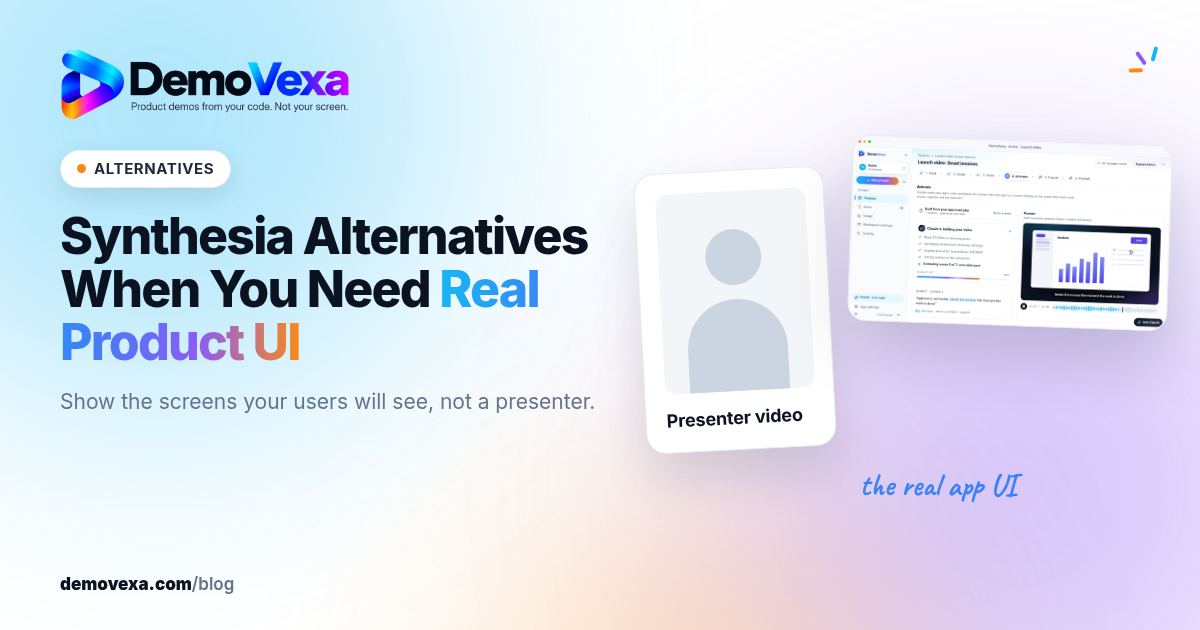 DemoVexa blog cover for "Synthesia Alternatives When You Need Real Product UI", with an ALTERNATIVES label. On the right, a generic presenter silhouette card next to a DemoVexa app window.