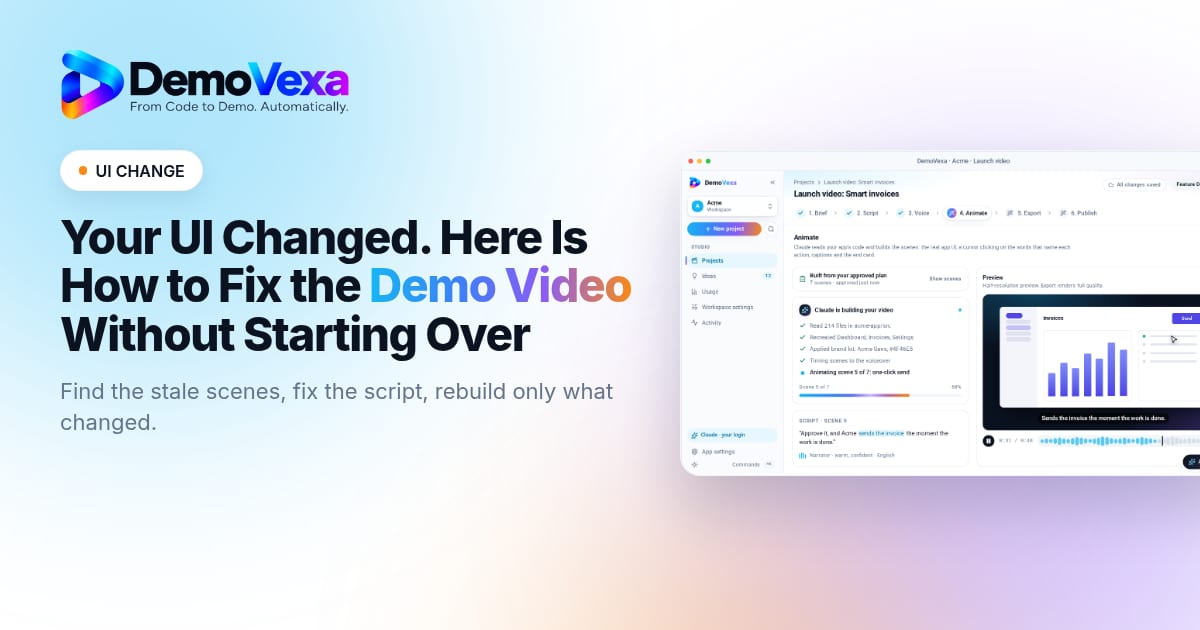 DemoVexa Animate step rebuilding a launch video next to the headline Your UI Changed. Here Is How to Fix the Demo Video Without Starting Over